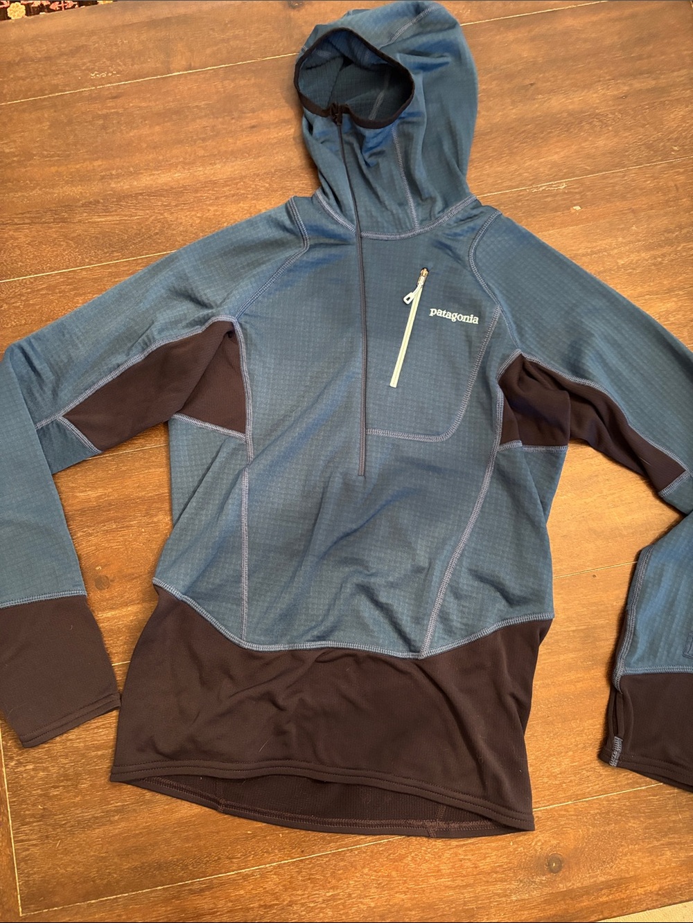 Patagonia Blue and Black Hooded Lightweight Pullover